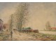 Charcoal pastel painting, Landscape with barges, boatmen and towpath, signed E. Febvre, twentieth