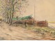 Charcoal pastel painting, Landscape with barges, boatmen and towpath, signed E. Febvre, twentieth