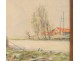 Charcoal pastel painting, Landscape with barges, boatmen and towpath, signed E. Febvre, twentieth