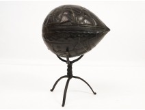 Coconut carved, decorated with ship, stand, wrought iron, nineteenth