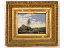 Painting under glass with pearl set, Seascape with boats, nineteenth