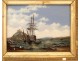 Painting under glass with pearl set, Seascape with boats, nineteenth