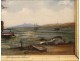 Painting under glass with pearl set, Seascape with boats, nineteenth