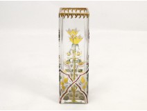 Crystal square vase enamelled and gilded, decorated with flowers, Art Nouveau, nineteenth