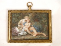 Miniature painted gallant scene with naked couple embracing, Ecole Francaise signed J.Charlier, eighteenth