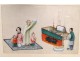 Chinese painting on rice paper, meal scene of a couple with children nineteenth