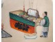 Chinese painting on rice paper, meal scene of a couple with children nineteenth