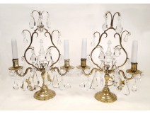 Pair of candlesticks with tassels, gilt bronze and crystal nineteenth