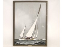 Gouache marine, yacht or sailboat regatta, Léon Haffner twentieth