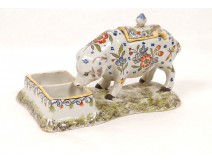 Mustard salerons Fourmaintraux Desvres earthenware, decorated pig, XIXth