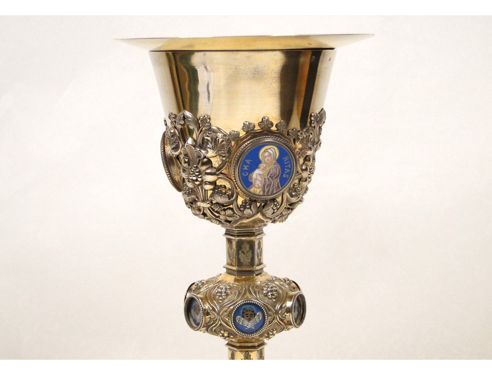 Chalice in silver gilt and enamels, Christ Virgin Demarquet, XIXth