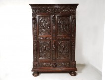 Carved oak cabinet rectory living Christ angels dragon caryatid seventeenth