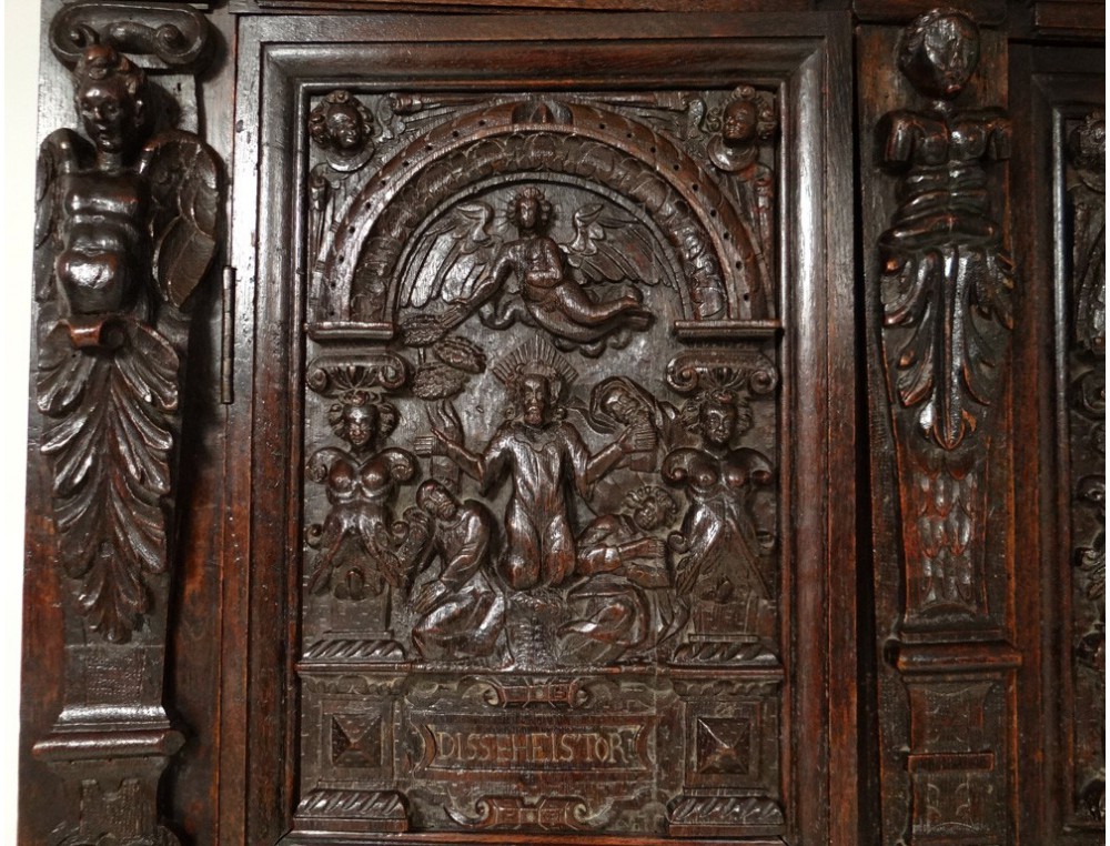 Carved oak cabinet rectory living Christ angels dragon caryatid seventeenth