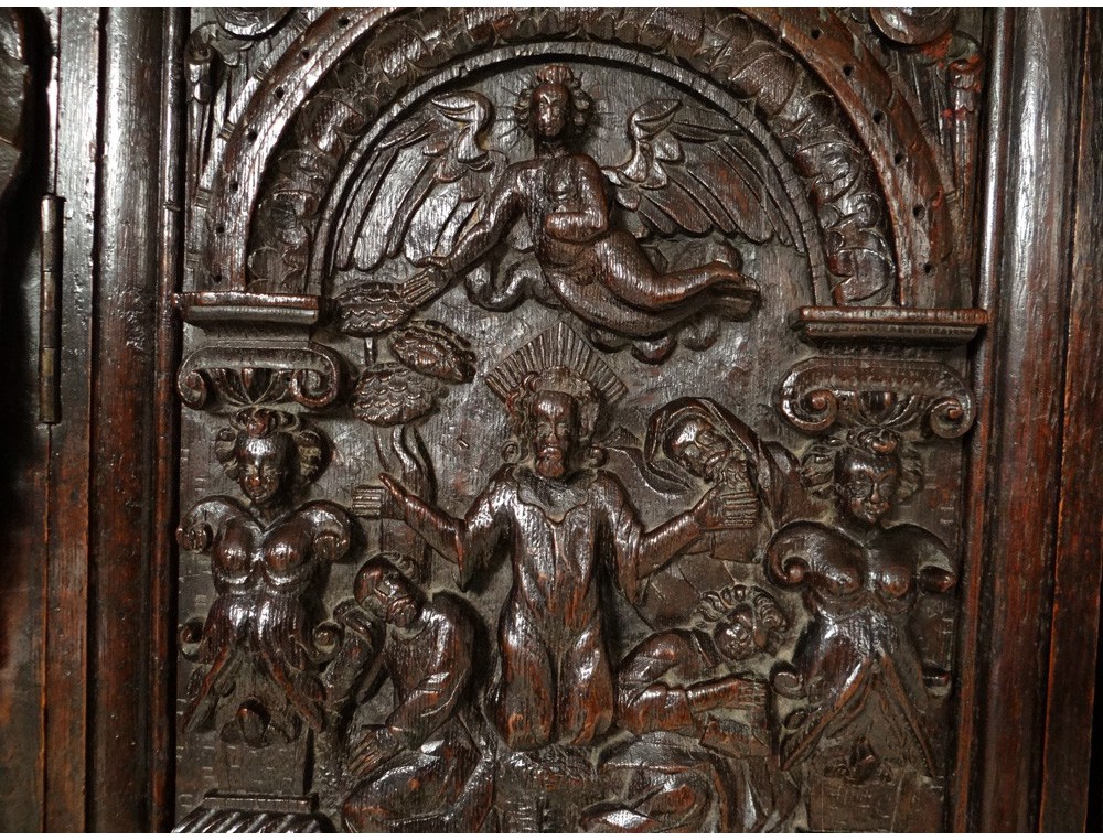 Carved Oak Cabinet Rectory Living Christ Angels Dragon Caryatid Seventeenth