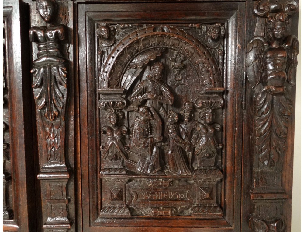 Carved oak cabinet rectory living Christ angels dragon caryatid seventeenth