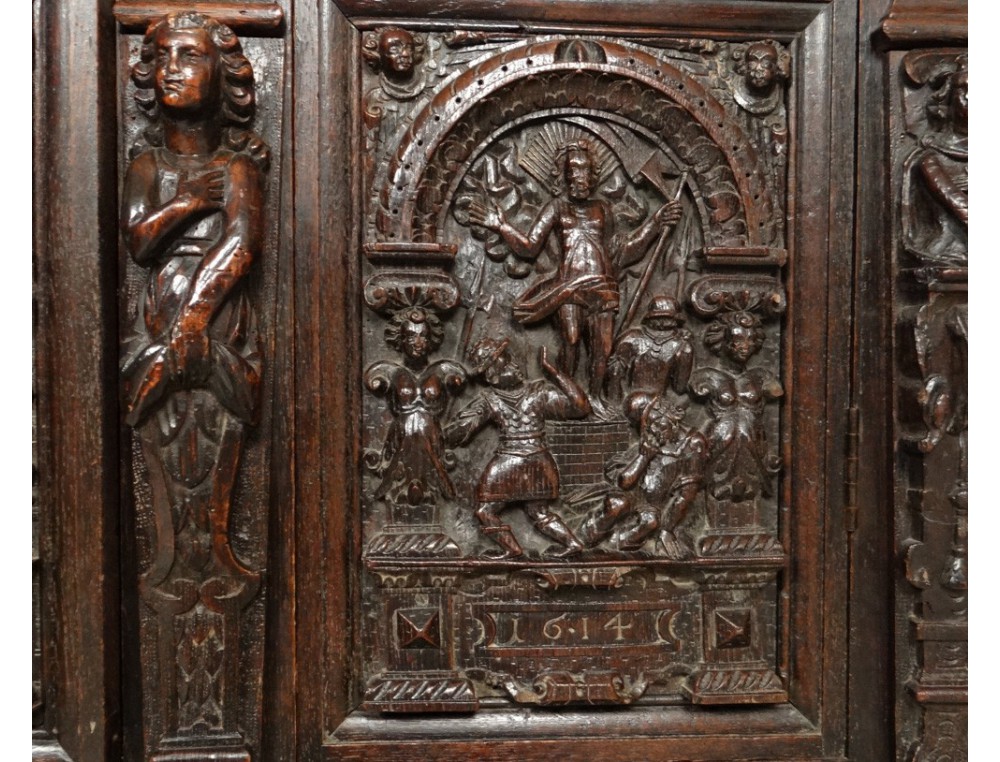 Carved oak cabinet rectory living Christ angels dragon caryatid seventeenth