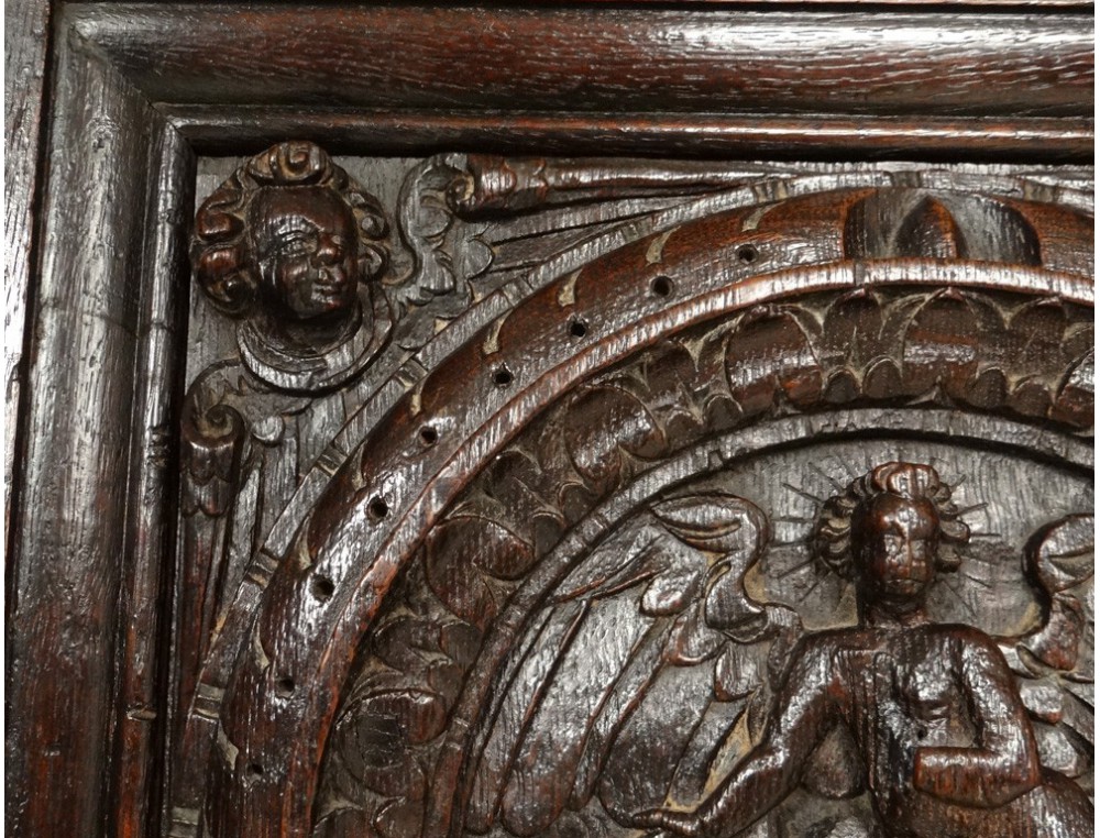 Carved oak cabinet rectory living Christ angels dragon caryatid seventeenth