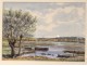 Watercolor landscape marine boats Wed marsh landscape twentieth Britain Boisecq