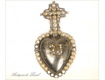 Heart silver reliquary, Strass and Cross, 19th