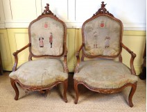 Rare pair walnut armchairs Breton characters shield valves tapestry 19th