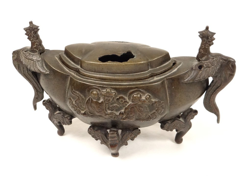 Japanese bronze incense burner asiastiques characters phoenix dragons ...