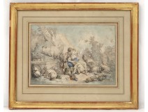 Gallant scene engraving characters sheepdog sheep landscape engraving 19th