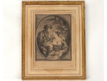 Gallant scene engraving characters grape cluster Boucher Pasquier Paris XIX