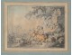 Gallant scene engraving characters shepherd sheep fountain nineteenth gilt frame