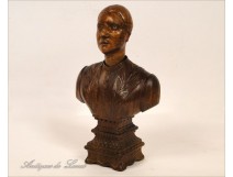 Bust of Woman in Carved Wood, Folk Art, 19th