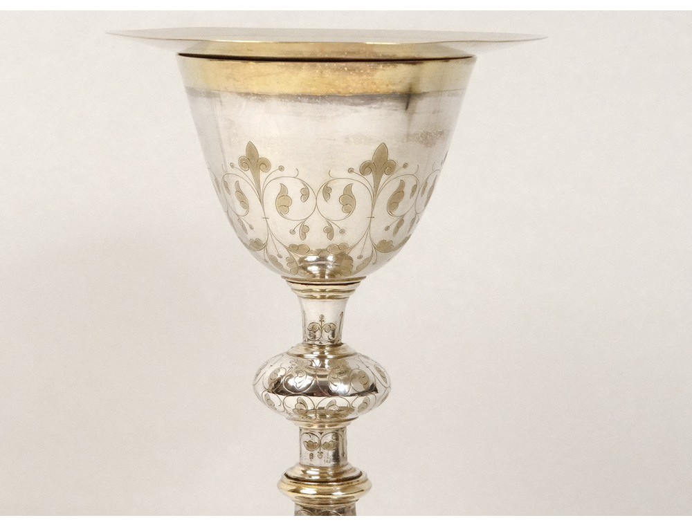 Solid silver gilt chalice paten Minerva flowers silver chalice cross 19th