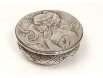 Round tin box woman elegant Art Nouveau flowers foliage nineteenth century