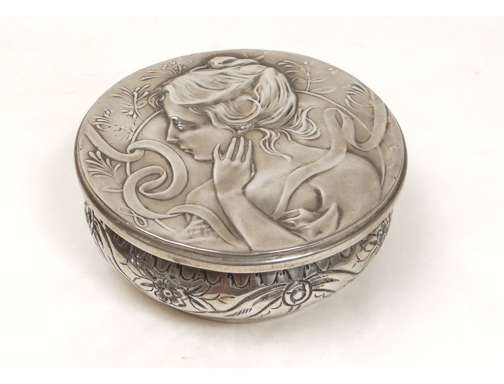 Round Tin Box Woman Elegant Art Nouveau Flowers Foliage Nineteenth Century