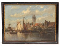 HST table harbor boats church mill Belgium Holland Belgian school nineteenth