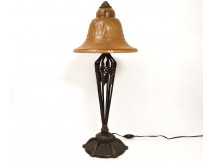 Great table lamp Art Deco wrought iron bronze glass flowers twentieth century