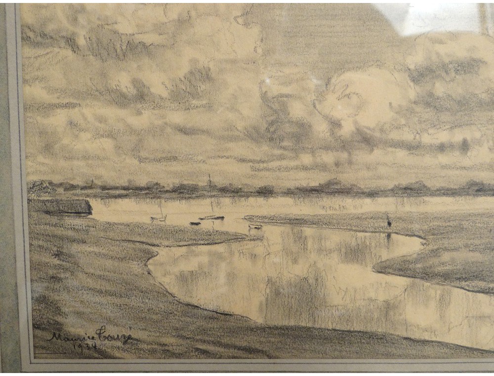 Dessin fusain paysage Golfe Morbihan Conleau Vannes Bretagne M.Touzé XXème