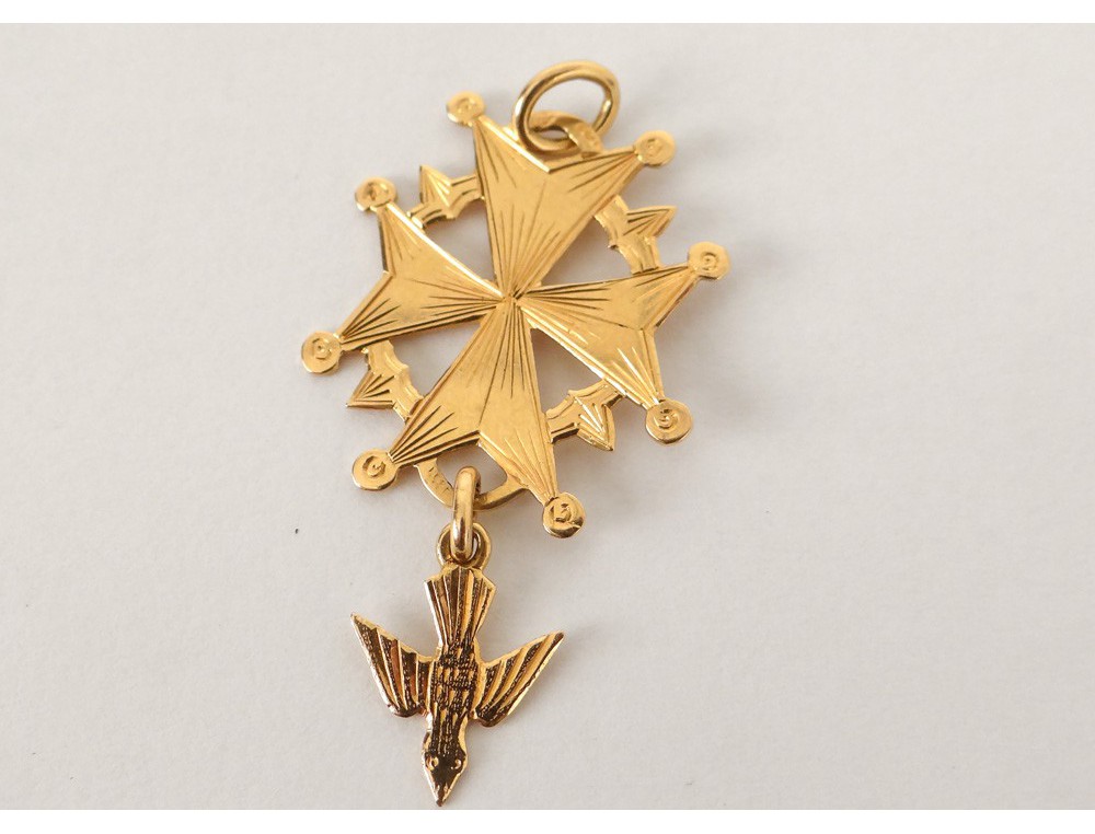 Croix huguenote pendentif or massif 18 carats colombe Saint-Esprit XIXème