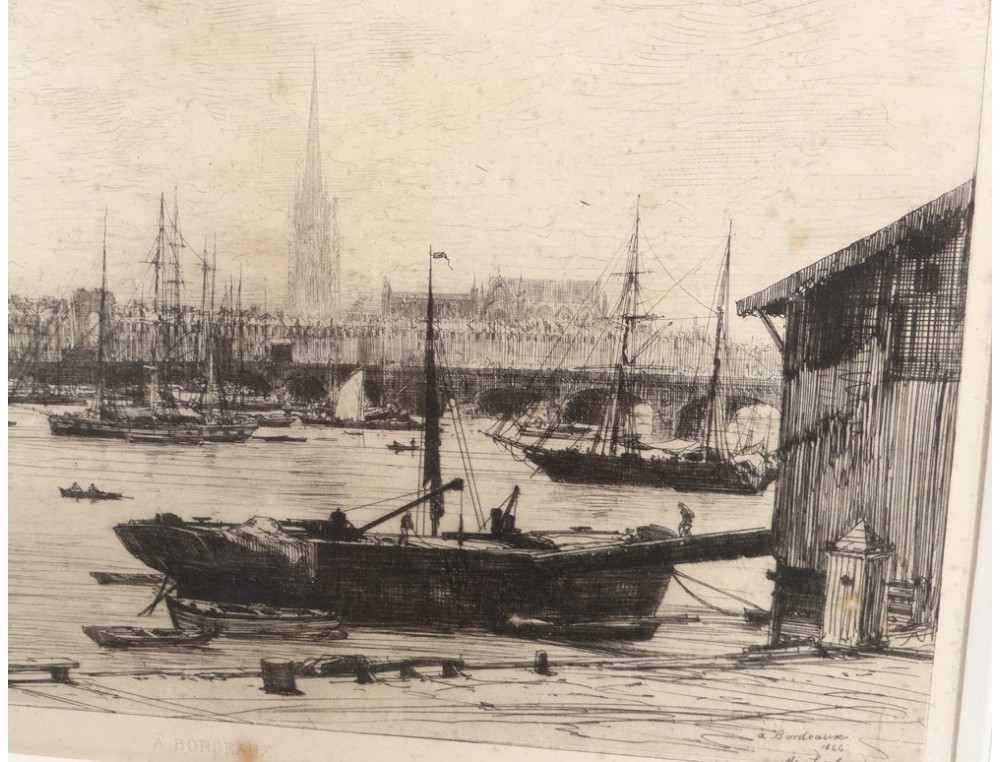 Gravure vue Bordeaux Gironde port bateaux cathédrale Maxime Lalanne XIXème