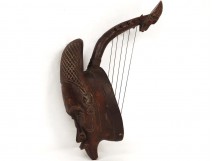 Guitare africaine sculpture tête homme bois sculpté cuir ethnique tribal