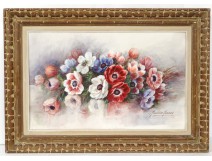 Grande aquarelle bouquet fleurs pensées Madeleine Renaud watercolor XXème