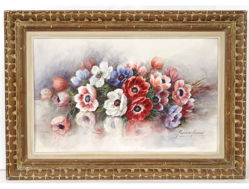 Grande Aquarelle Bouquet Fleurs Pensées Madeleine Renaud