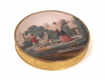 Boîte ronde dorée fixé sous verre femme enfants mouton romantique XIXème