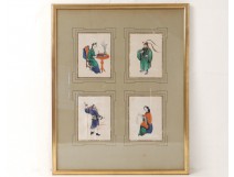 Tableau chinois papier de riz personnages femmes mandarin XIXème siècle