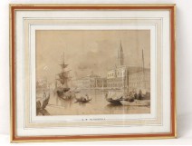 Aquarelle Venise Grand Canal Palais Doges bateaux C.W.Fothergill Italie 19è