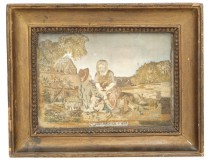 Tableau broderie fils de soie scène champêtre romantique personnages XIXème