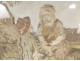 Tableau broderie fils de soie scène champêtre romantique personnages XIXème