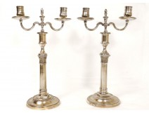 Paire bougeoirs candélabres Louis XVI bronze argenté colonnes XVIIIè siècle