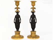 Paire bougeoirs bronze femme antique caryatides Empire candlesticks XIXème