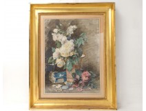 Rare Aquarelle tableau nature morte fleurs vase livre Madeleine Lemaire 19è