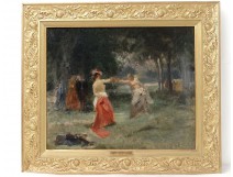 HST tableau paysage femmes duel épée Emile Bayard cadre doré painting XIXè