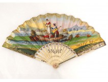 Fan gouache scene gallant character Antique Gold fan 18th Executive